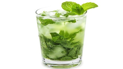 A Refreshing Mojito Cocktail Drink Standing Alone on a Crisp White Background. A Tantalizing and Invigorating Beverage in a Simple Setting.