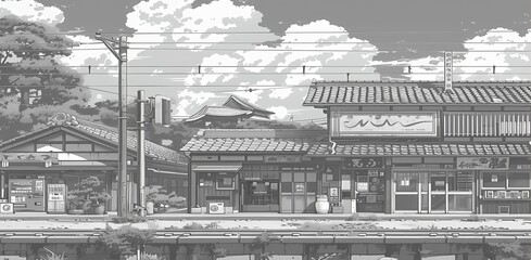 Fototapeta premium A monochrome illustration of a traditional Japanese street scene with buildings, power lines, and clouds.
