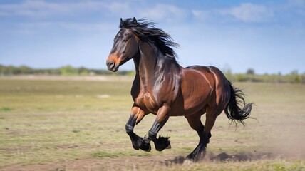 Fototapeta premium Wild Horse Galloping Across Open Field, Capturing Freedom and Power