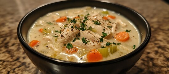 Bowl of creamy chicken noodle soup with carrots, celery, and homemade broth 