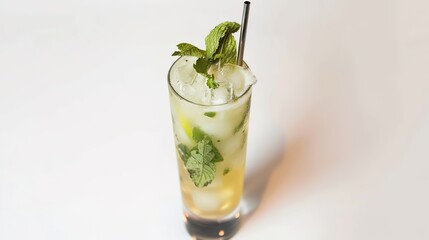 A Refreshing Mojito Cocktail Drink Standing Alone on a Crisp White Background. A Tantalizing and Invigorating Beverage in a Simple Setting.