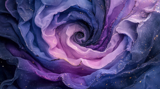Abstract purple and blue swirling textures forming depictive cosmic rose shape