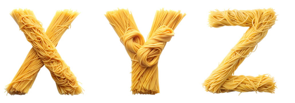 Y- Z English alphabet letters Y- Z made of pasta on transparent isolated background. Macaroni spaghetti food template. Brightly colored alphabet for stores.