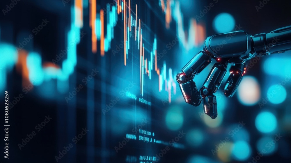 Poster robotic hand interacting with digital financial graphs, symbolizing ai in stock market trends and da
