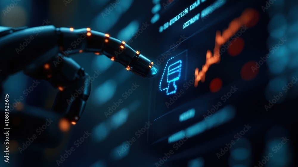 Poster robotic hand interacting with digital screen displaying futuristic graphs and data analytics.