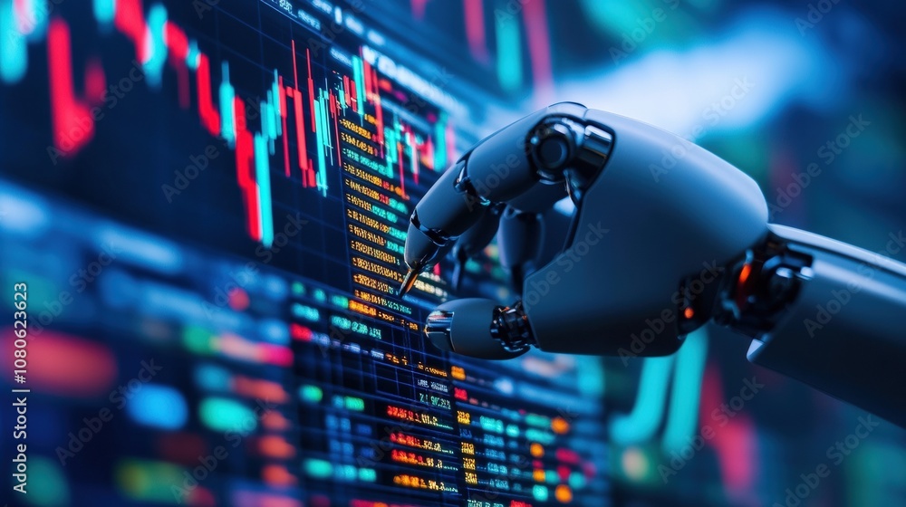 Poster robotic hand interacting with digital stock market data, symbolizing ai in finance and advanced tech