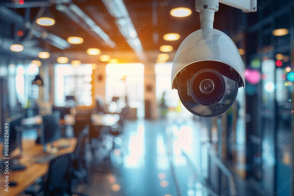 Poster close-up view of a modern security camera monitoring vigilantly, showing details of advanced technol