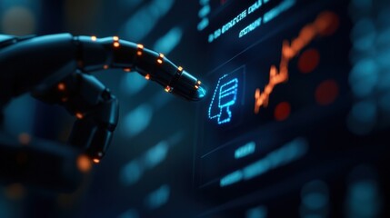 Robotic hand interacting with digital screen displaying futuristic graphs and data analytics.