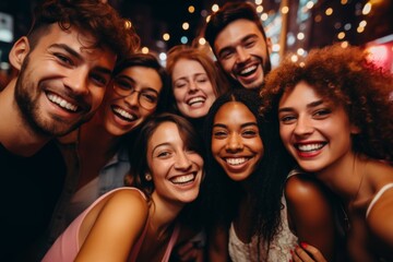Close up of a diverse friends taking selfie while having party in club