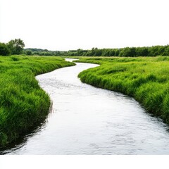 Obraz premium Flowing river surrounded by lush green grass under clear sky.