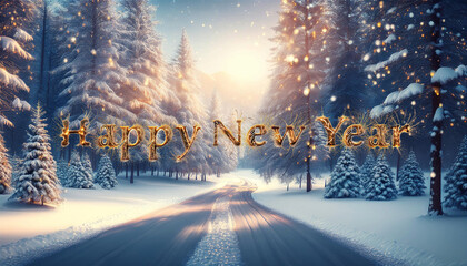 Winter Wonderland New Year Celebration with Golden Happy New Year Text in Snowy Forest