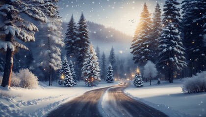 Enchanting Winter Wonderland with Snow-Covered Trees and Cozy Cabins – A Serene Holiday Landscape for Christmas and New Year
