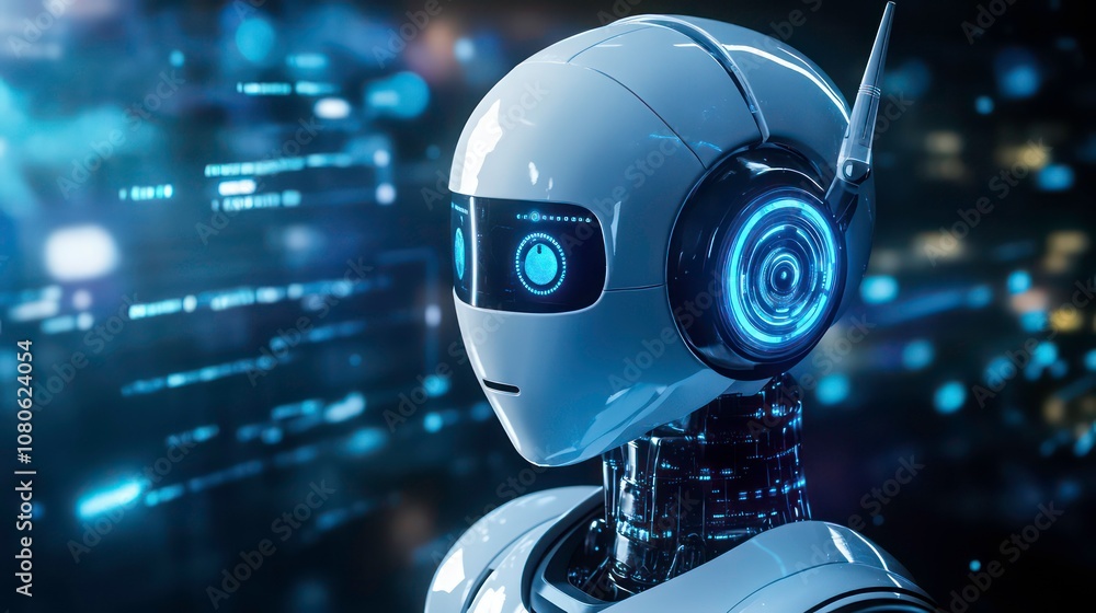 Poster A futuristic robot with glowing blue eyes and a sleek white design looks directly at the viewer against a backdrop of a city at night.