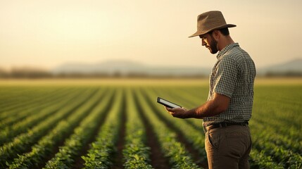 Farmer inspecting crops with digital device agricultural field photography rural landscape side view food security focus