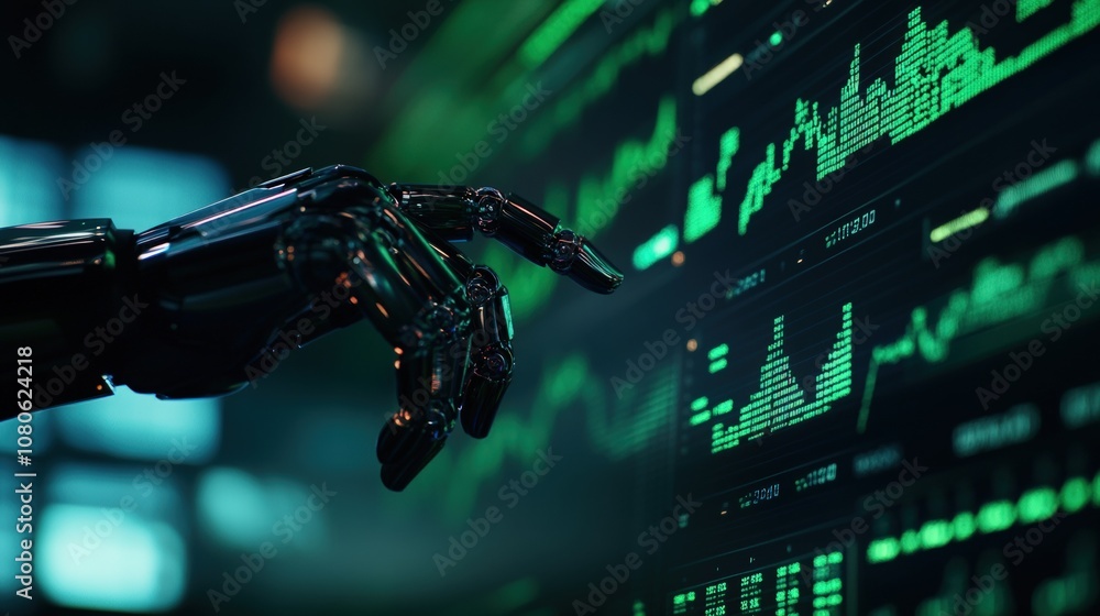 Poster robotic hand interacting with glowing digital graphs and charts on a screen, symbolizing data analys
