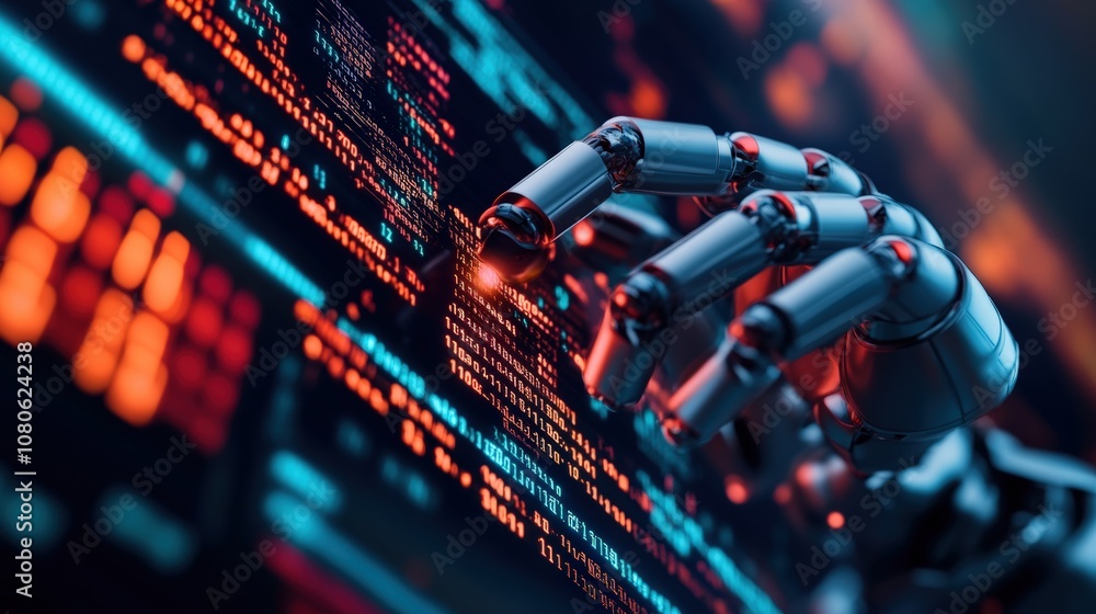 Poster robotic hand interacts with digital interface, showcasing advanced technology and ai development.