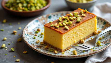 Slice of orange cheesecake with crushed pistachio topping on a decorative plate.