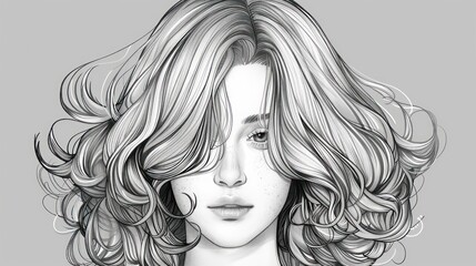 A black and white illustration of a woman's face with long, curly hair, partially covering her eye.