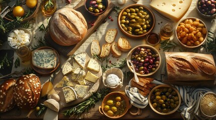 A delicious spread of various cheeses, olives, bread, and other snacks on a wooden table.