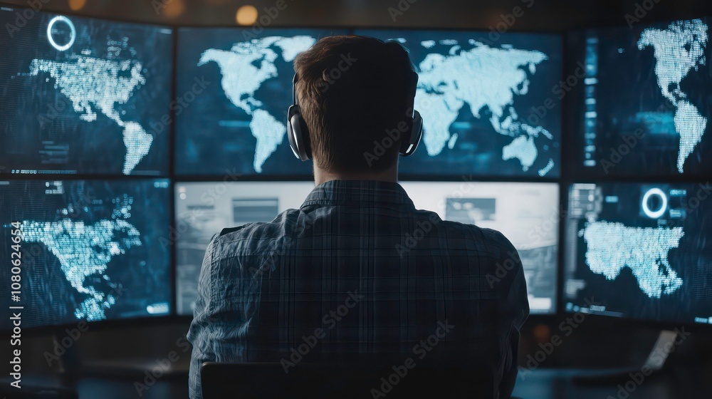 Fototapete Nighttime Cyber Threat Detection by Cybersecurity Professional Monitoring Real-Time Alerts on Multiple Screens