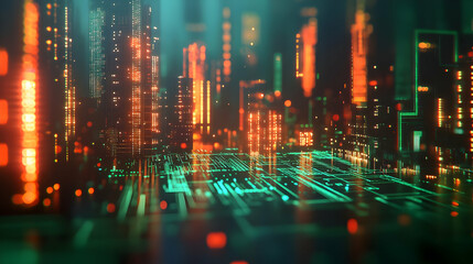 Futuristic Cityscape with Green and Orange Lights 3D Illustration