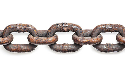 Close-up of weathered chain link fence isolated on white background