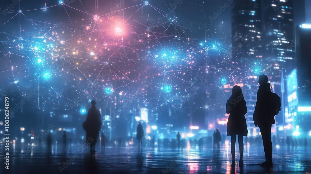 Aufkleber silhouettes of people standing in a city at night with a network of glowing lines and dots in the sk