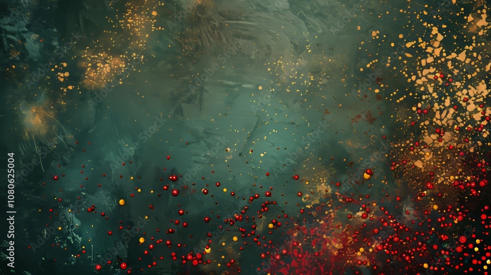 Poster a green background with red and orange dots. the dots are scattered all over the background