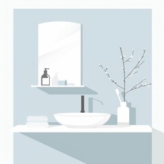 A bathroom with a sink, mirror, and a vase with a white flower. The bathroom is clean and well-organized