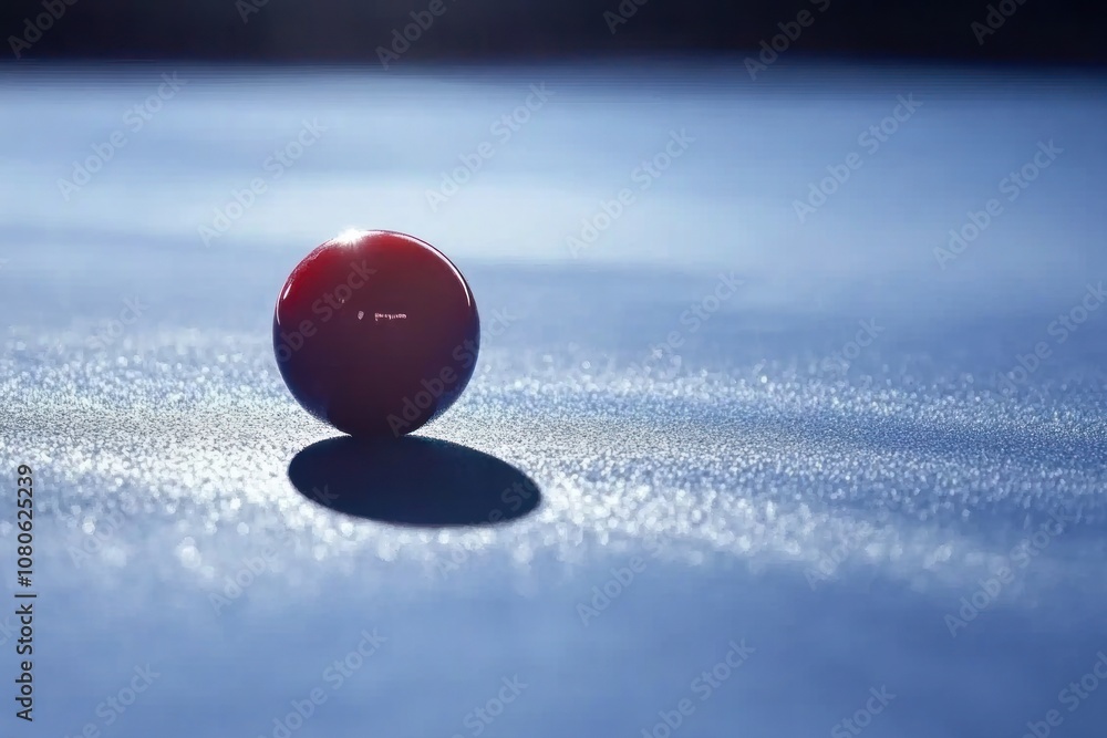 Poster a single red ball sits on a blue surface with a long shadow cast by the sun, creating a minimalist a