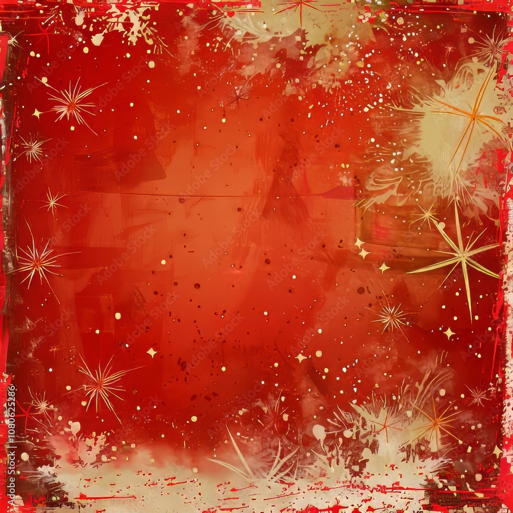 Poster a red background with a lot of gold stars scattered throughout. the background is a deep red color