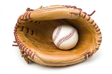 A baseball resting in a leather baseball glove, isolated on a white background.