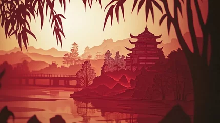 Keuken achterwand Bordeaux landscape with traditional chinese pavilion architecture in style of paper cut illustration  © Schmidt