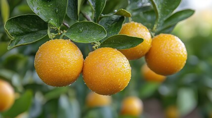 Close-up of fresh, vibrant oranges hanging from a tree branch with glistening water droplets and lush green leaves in a natural garden setting