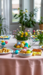 Elegant Easter Dinner Table with Colorful Eggs, Floral Arrangements, and Fruit Bowls