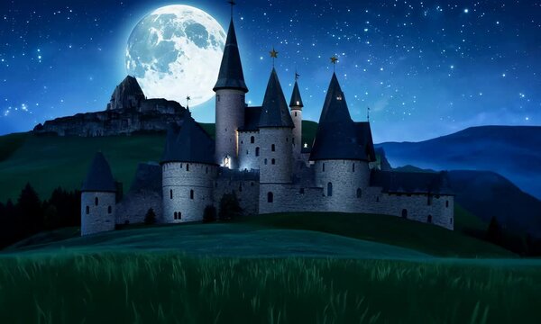 castle on the hill at night. composite fantasy landscape. grassy meadow in the foreground. rocky peaks of the ridge in the distant background in full moon light