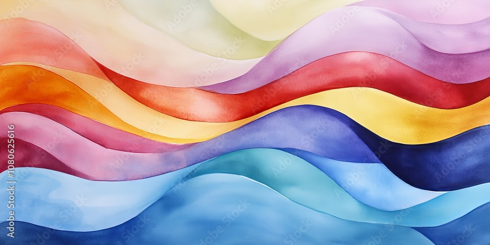 Poster a vibrant abstract watercolor painting featuring flowing waves in a spectrum of colors, creating a d
