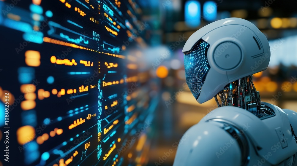 Poster a futuristic robot interacting with digital data on a screen in a modern, high-tech environment.