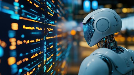 A futuristic robot interacting with digital data on a screen in a modern, high-tech environment.