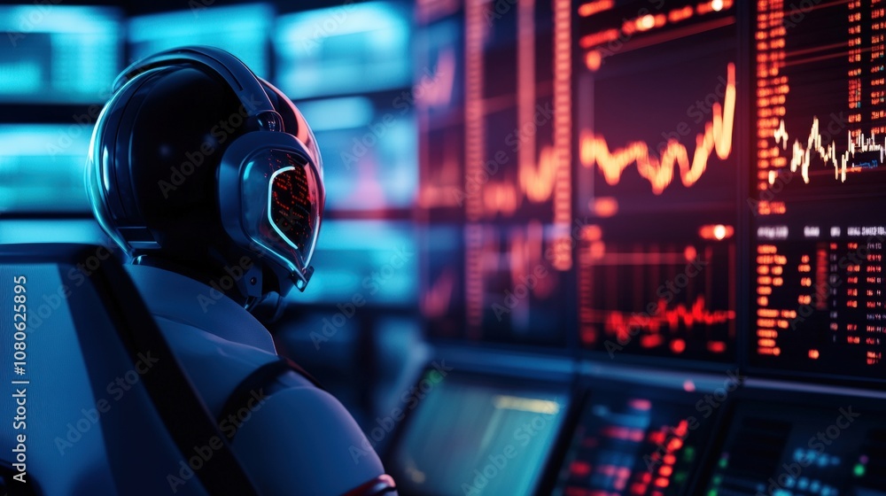 Poster a robot analyzes financial data on a screen with graphs and charts glowing in a modern control room.
