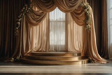 podium with cascading champagne-colored curtains and soft shadows