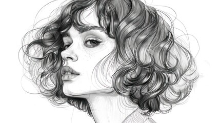 Fototapeta premium A grayscale illustration of a woman with short, curly hair looking to the right, with a soft, dreamy expression.