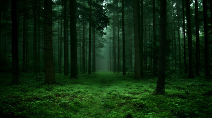 Fototapeta premium A dense forest path lined with tall, dark trees leading into a mist-filled distance.