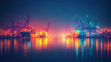 Obraz premium A colorful, blurred night view of a busy port with ships, cranes, and lights reflecting on the water.