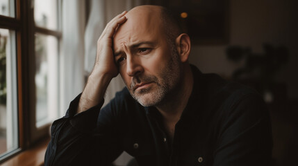 Fototapeta premium Middle-aged man sitting alone in a quiet room, holding his head with one hand, looking stressed and concerned. Emotional state of solitude and introspection.