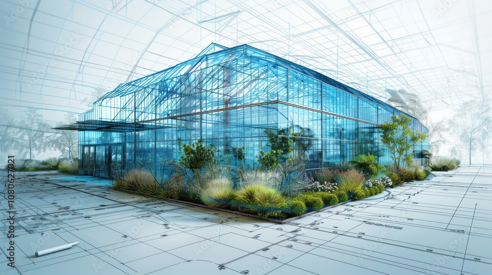 Poster a 3d rendering of a greenhouse with architectural plans in the background.