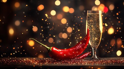 A striking red chili pepper rests next to a sparkling drink, highlighting the excitement of a celebration with shimmering lights in the background