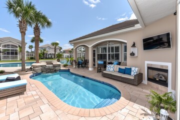 Fototapeta premium Luxurious modern backyard with pool, outdoor seating, and tropical plants creating a serene oasis perfect for relaxation and entertainment