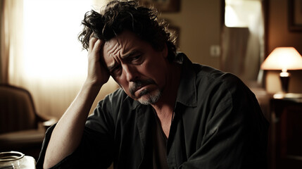 Middle-aged man sitting alone in a quiet room, holding his head with one hand, looking stressed and concerned. Emotional state of solitude and introspection.