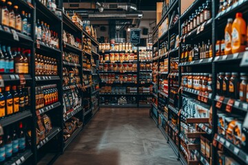 Long and bright supermarket aisle showcasing a wide selection of products